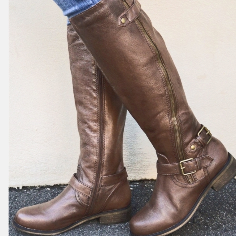 Steve Madden Synicile Leather Asymmetrical Outer Zip Detail Knee High Boots